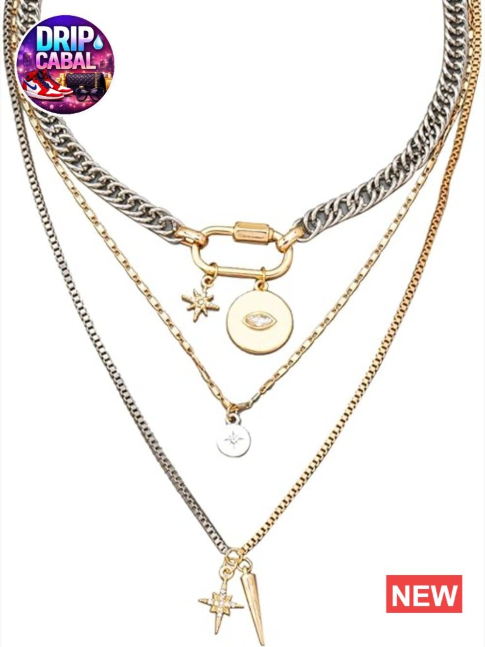 3 Pcs Layered Chain Necklace Set Mixed Metal Paperclip Evil Eye Star